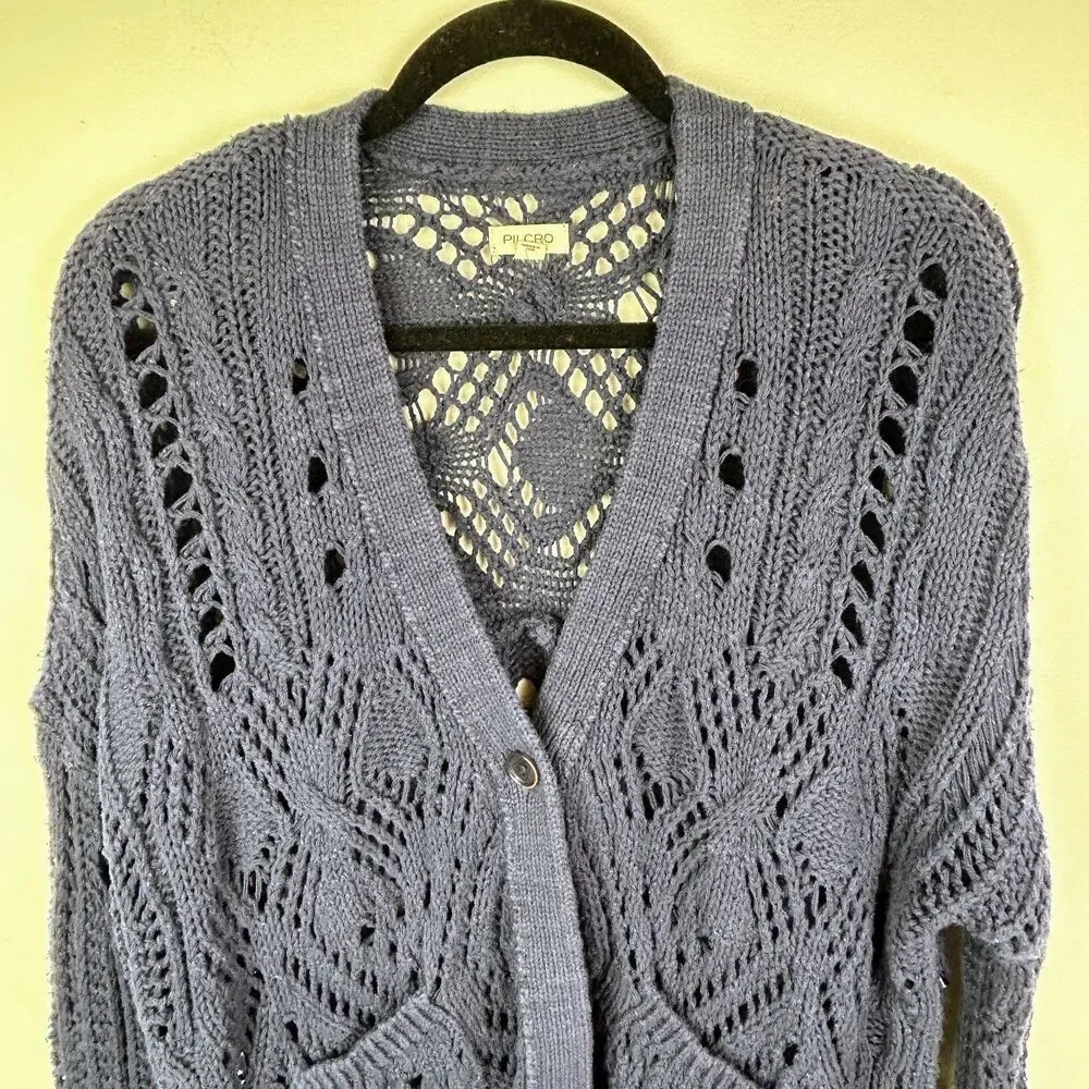 Anthropologie Pilcro Open Stitch Cardigan Knit Sweater Button Front Navy Blue XS - Picture 4 of 14